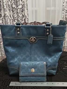 Coach Teal Signature Tote with Matching Wallet